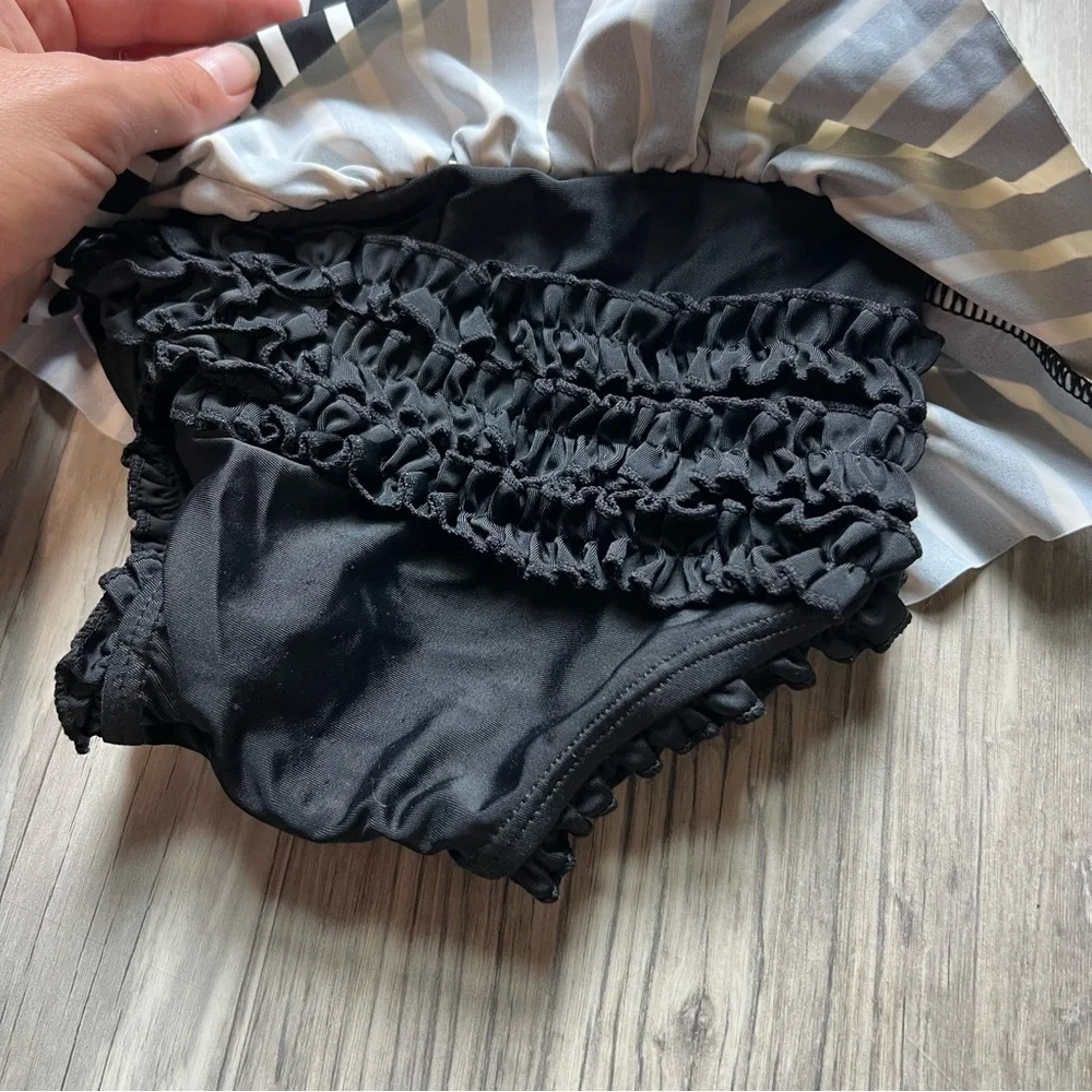 RuffleButts Black White Striped Skirted One Piece Swimsuit